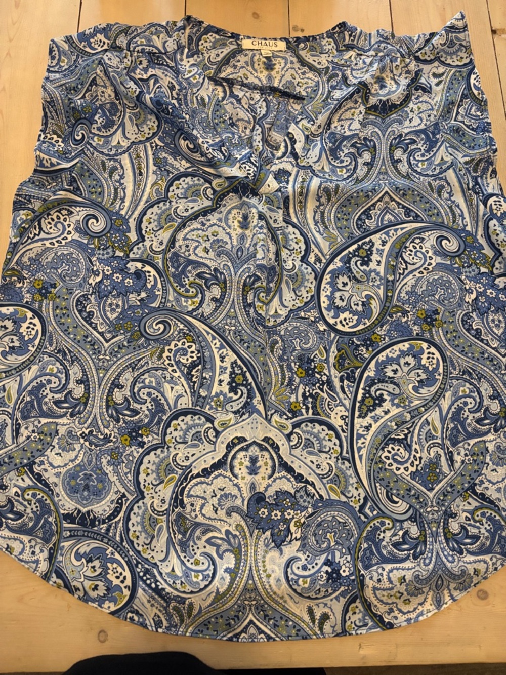 Chaus Blue and White Paisley Print Top-Green size XL v-neck cap ruffle sleeves